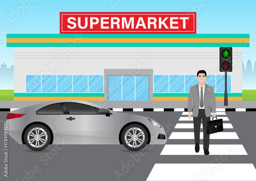 Businessman Walking across Crosswalk in the City. Crosswalk. Pedestrian Crossing Road. Zebra Crossing. Vector Illustration. 