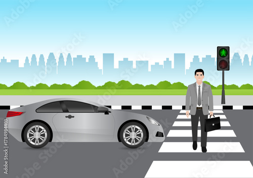 Businessman Walking across Crosswalk in the City. Crosswalk. Pedestrian Crossing Road. Zebra Crossing. Vector Illustration. 