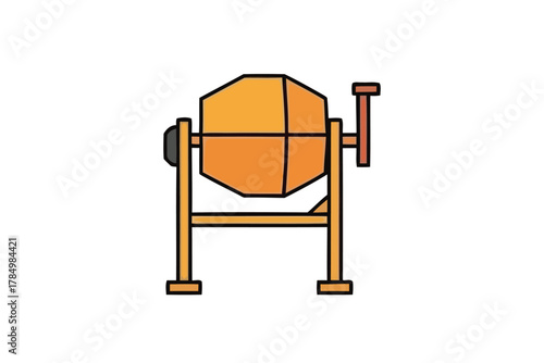 Illustration of a rotating cement mixer on a stand, a common construction tool for blending cement, concrete, and other materials