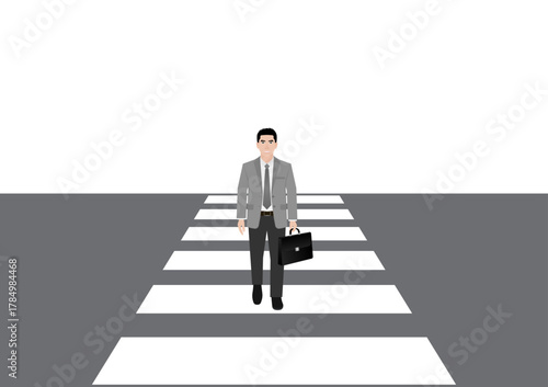 Businessman Walking across Crosswalk in the City. Crosswalk. Pedestrian Crossing Road. Zebra Crossing. Vector Illustration. 