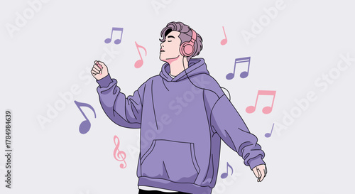 Young Korean man dancing with music notes for music-related content and creative marketing materials