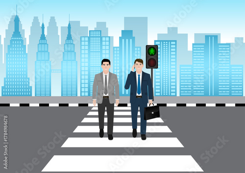 Businessman Walking across Crosswalk in the City. Crosswalk. Pedestrian Crossing Road. Zebra Crossing. Vector Illustration. 