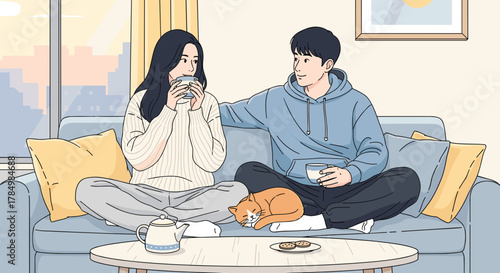 Young couple enjoying tea while sitting on sofa with cat at home , for lifestyle content and relationship marketing