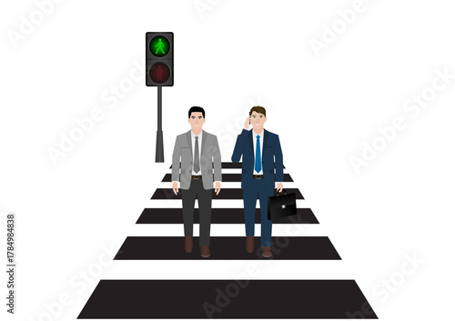 Businessman Walking across Crosswalk in the City. Crosswalk. Pedestrian Crossing Road. Zebra Crossing. Vector Illustration. 