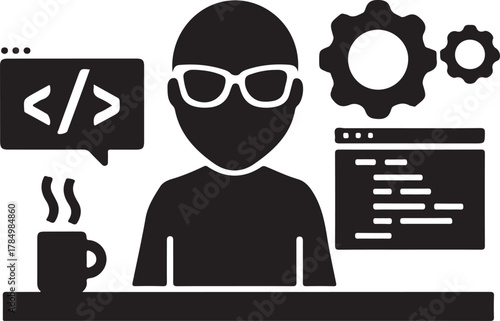 Modern silhouette of a coder at a computer desk representing cybersecurity and technology