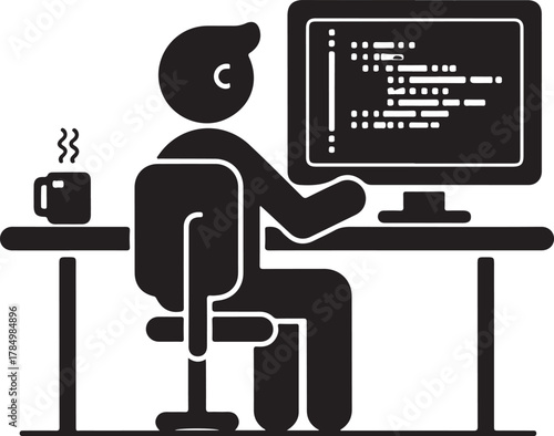 Modern silhouette of cyber security programming and hacking on a computer desk