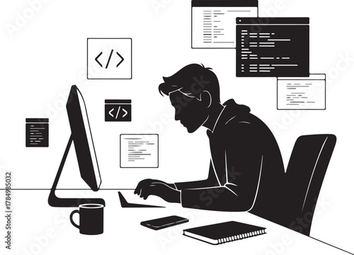 Modern black and white vector silhouette of a computer desk with cybersecurity and programming elements