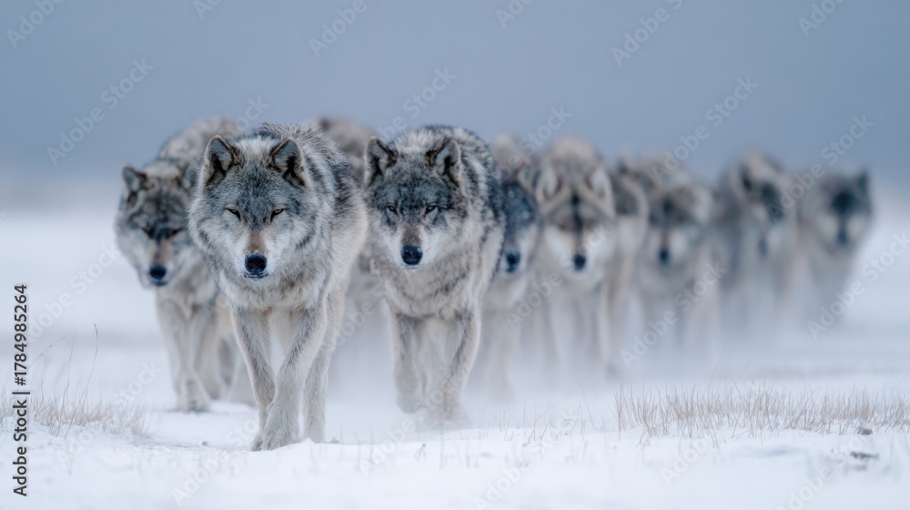 Fototapeta premium Pack of Grey Wolves Walking Through Snowy Foggy Arctic Landscape