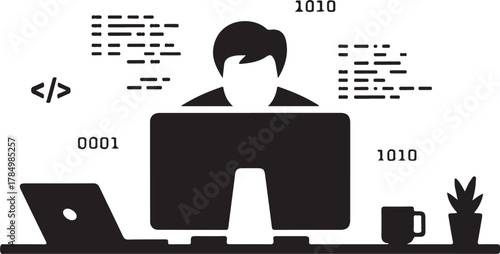 Modern black and white vector illustration of cybersecurity programming and technology concepts on a computer desk