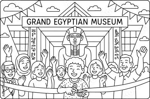 hand drawn vector illustration of Grand Egyptian Museum coloring page for kids