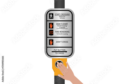 Hand Pressing Crosswalk Button. Pedestrian Traffic Button. Vector Illustration.