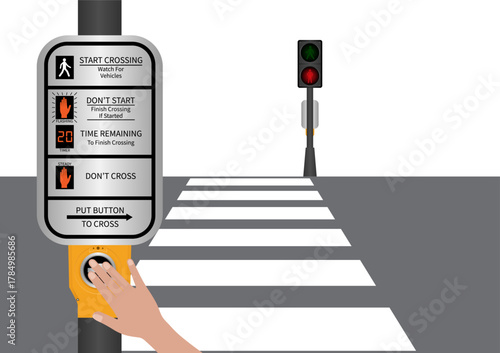 Hand Pressing Crosswalk Button. Pedestrian Traffic Button. Vector Illustration.