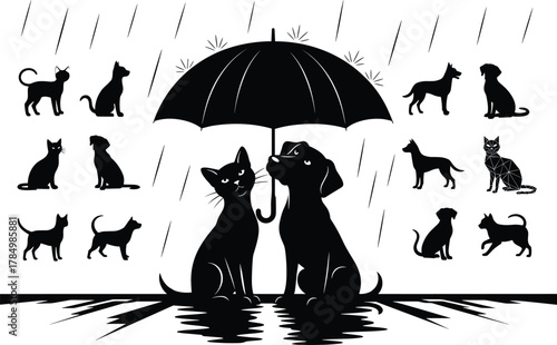 Flat vector cat and dog silhouette under umbrella, rainy weather scene, animal friendship, shelter in storm, pet companionship illustration