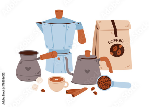 Coffee brewing set with moka pot and beans. Flat illustration of coffee making tools including moka pot, cezve, kettle, sugar cubes, and a bag of coffee for brewing lovers.