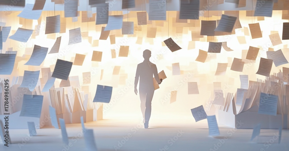 Fototapeta premium Person walks toward light surrounded by floating papers. Minimalist style, bright illumination, conceptual imagery. Focus on journey, paperwork, decisions.