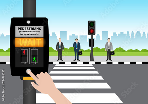 Hand Pressing Crosswalk Button. Pedestrian Traffic Button. Vector Illustration.