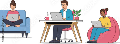 People working remotely from home on laptops and tablets