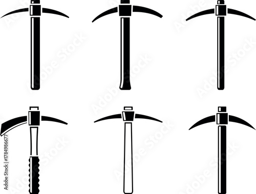 Collection of pickaxe icons, representing mining, construction, and tool usage vector illustration pickaxe set, pickaxe themes