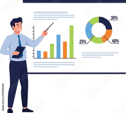 Businessman presenting financial data on a whiteboard