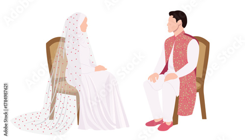 Muslim Nikkah Bride and Groom in white dress Islamic Wedding card design