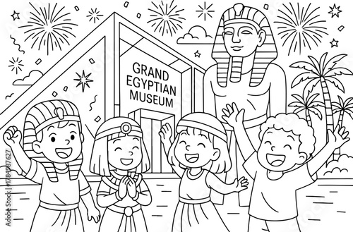 hand drawn vector illustration of Grand Egyptian Museum coloring page for kids