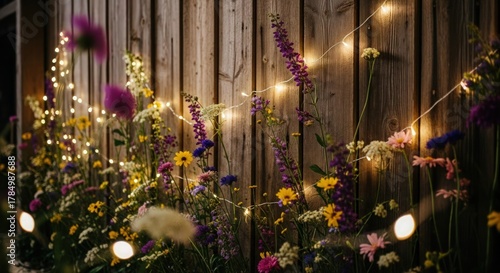 rustic, wooden fence, colorful wildflowers, string lights, moody, atmospheric, magical, enchanting, dreamy, warm tones, natural, garden, overgrown, cozy, intimate
