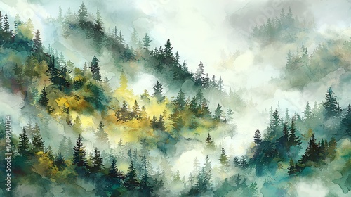 Abstract grunge background with blue sky, pine trees, and winter mountain landscape view with clouds and fog