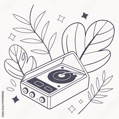 Retro turntable with botanical elements and sparkling stars