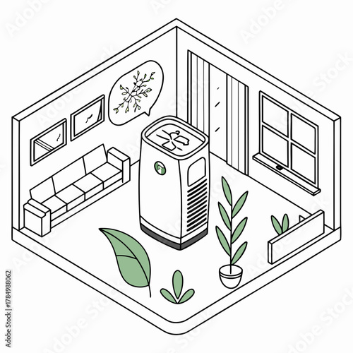 Living room with air purifier and plants isometric illustration