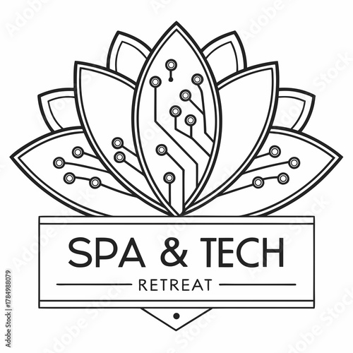 Lotus flower with integrated circuit design and spa tech retreat text