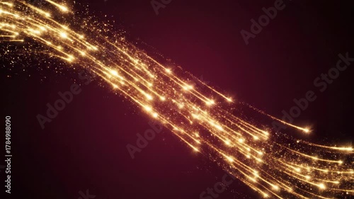 Looped Footage of Sparkling Golden Light Streaks Flowing Diagonally on a Dark Maroon Background