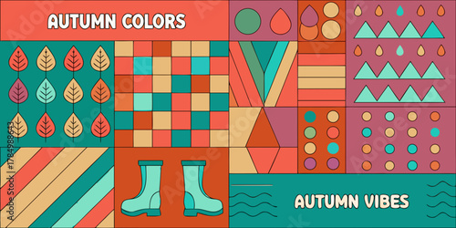 Abstract autumn vibes collage featuring leaves boots raindrops and geometric patterns in warm colors