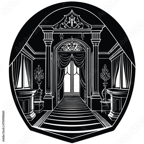 Black and white ballroom interior vector illustration background design