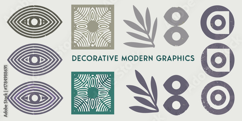 Collection of abstract decorative modern graphic elements with eye shapes and botanical motifs