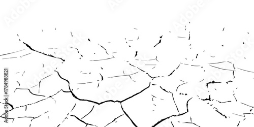 Black and white cracked dry earth texture background, drought soil broken ground pattern, parched land environmental disaster concept, climate change abstract cracked surface illustration for design u