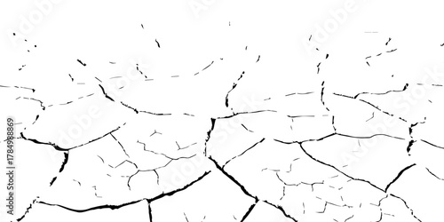 Black and white cracked dry earth texture background, drought soil broken ground pattern, parched land environmental disaster concept, climate change abstract cracked surface illustration for design u