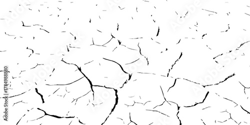 Black and white cracked dry earth texture background, drought soil broken ground pattern, parched land environmental disaster concept, climate change abstract cracked surface illustration for design u