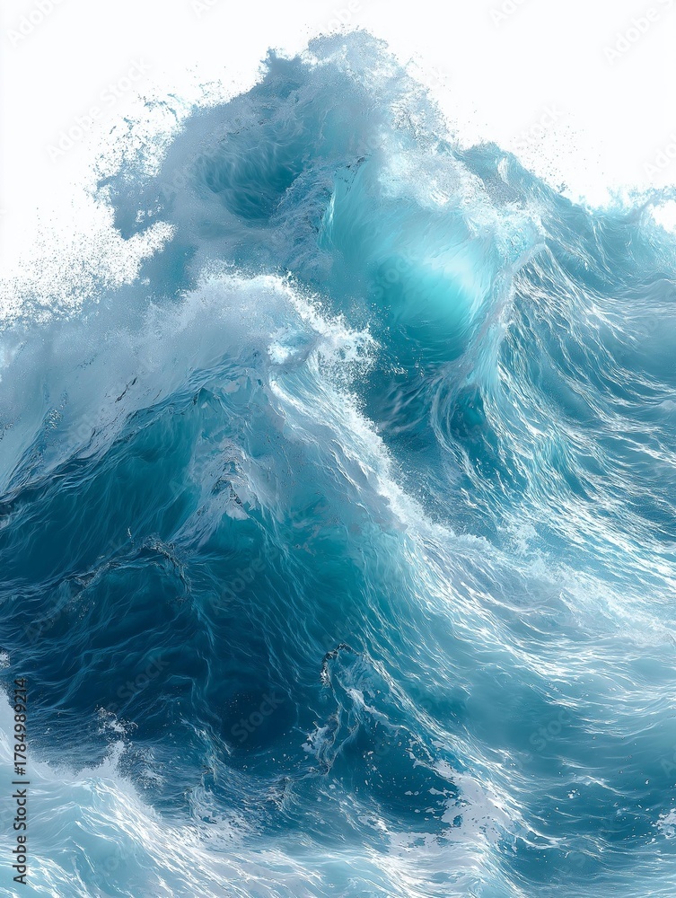 Fototapeta premium AI generator images of powerful blue ocean wave breaks against a clean white background concept nature ocean waves power blue, large ocean wave breaking, a spectacular natural phenomenon, moves into 