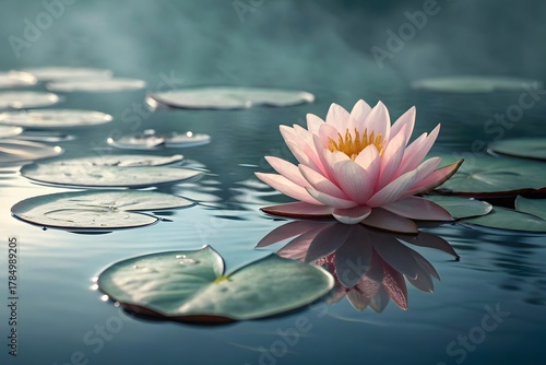 Pink lotus flower, green lily pads, peaceful water, soft light, natural scene