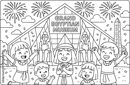 hand drawn vector illustration of Grand Egyptian Museum coloring page for kids