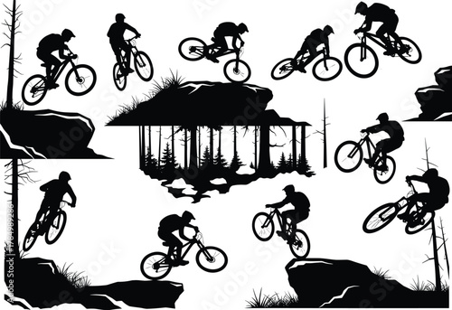 Flat vector mountain biker silhouette performing stunts, extreme sport action, downhill trail riding, forest adventure, outdoor cycling adrenaline scene
