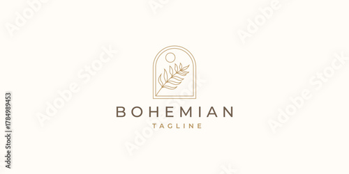 tropical abstract leaf line logo. palm tree golden logo, coconut leaf logo vector icon illustration in Geometric minimal line style