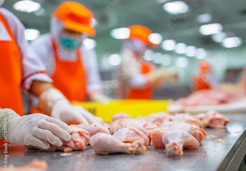 AI generator images of The process of producing chicken meat in a processing plant, with employees wearing protective clothing and gloves for hygiene, to maintain cleanliness standards in separating a