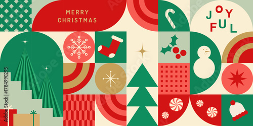 Modern Merry Christmas illustration with geometric shapes and festive icons including Christmas trees, snowflakes, stockings, gifts, candy canes, and snowman.