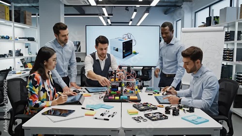Diverse engineering team collaboratively developing advanced robotics and artificial intelligence solutions in a modern tech lab innovating future technology