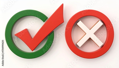 Wooden Tokens with Green Check Mark and Red X Symbol on White Surface