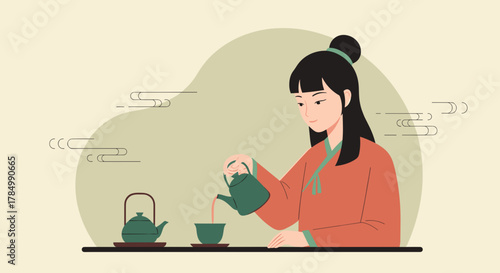 Young Asian woman pouring tea from a teapot in traditional setting , for culinary content and cultural celebration materials 