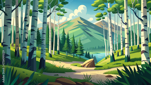 Very beautiful view of paper birch forests in Michigan’s Upper Peninsula, USA, featuring dense white-barked trees, lush green foliage, and a realistic serene natural landscape.