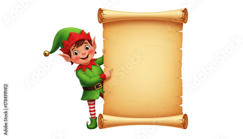 Cute christmas elf holding a blank scroll isolated on transparent background