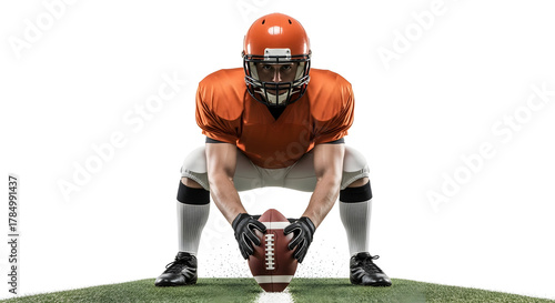 Football Player in Orange Uniform Prepares to Snap the Ball on White Background